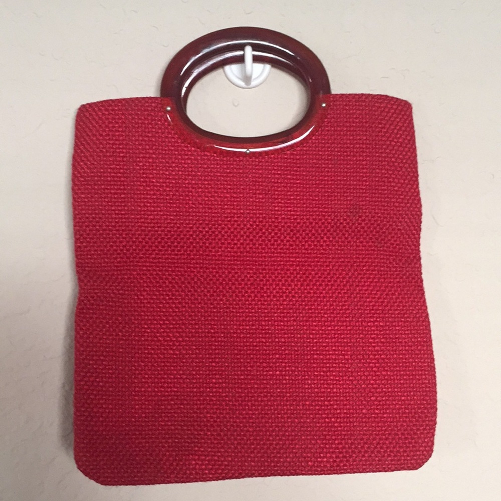 Vintage red burlap purse.